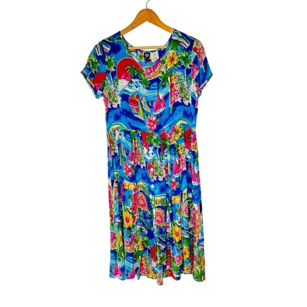 Vintage 90s Bila Colorful Travel Print Crinkle Rayon Midi Dress Boho Size Medium